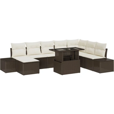 Afbeelding van vidaXL Tuin Sofaset Set van 9 Bruin en Crème Rattan, Stof