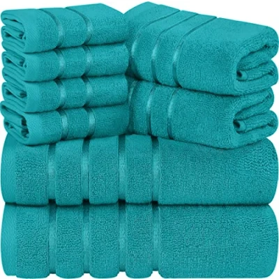 Afbeelding van Utopia Towels 8 delige luxe handdoekenset, 2 badhanddoeken, handdoeken en 4 washandjes, 97% ringgesponnen katoen zeer absorberend viscose streep ideaal voor dagelijks gebruik (Turquosie)