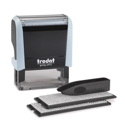 Afbeelding van Trodat Printy 4912 Pastel Blauw DIY stempel voor het zelf zetten van tekst 4 regels tekst, afdruk 47x18 mm, Nederlands, incl. pincet, zwart stempelkussen &amp; letter en cijferset in twee formaten