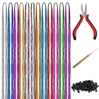 Afbeelding van Belle Vous 2400 Pak Glitter Haar Extensie Set 12 Kleuren Synthetische met Gereedschap Glanzend Recht Regenboog Haarstukken Voor Feeën Haar, Feest Accessoires en Decoratie