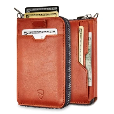 Afbeelding van Vaultskin Notting Hill slim leather RFID blocking zipper wallet unisex cognac