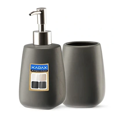 Afbeelding van KADAX 2 delige badkamerset van keramiek, badaccessoires, badkameraccessoires, zeepdispenser, badkamerbeker, zeepschaal en wc borstel (beker dispenser antraciet), K8180, Beker &amp; Spander Antraci