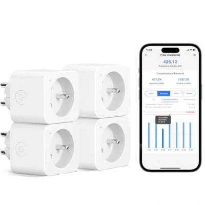 Afbeelding van Meross Stopcontact (type E), 16 A wifi stopcontact, compatibel met Alexa en Google Home, 4 stopcontacten meting van elektrisch verbruik spraakbediening, afstandsbediening
