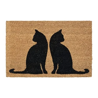 Afbeelding van Relaxdays deurmat kokos, 40 x 60 cm, met print, katten binnen &amp; buiten, antislip, rechthoekige kokosmat, natuur/zwart