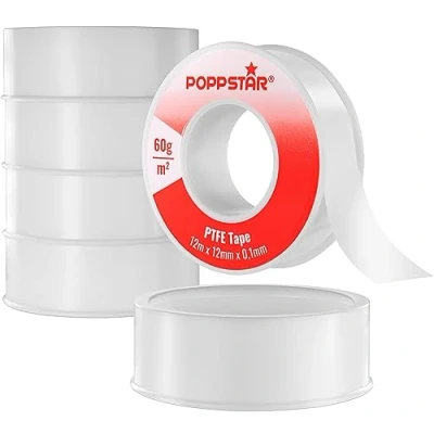 Afbeelding van Poppstar PTFE Afdichtingstape 60g/m² Teflon Tape Kleine Schroefdraad (Gas &amp; Waterafdichting) 12m x 12mm 0,1mm, 5 Rollen
