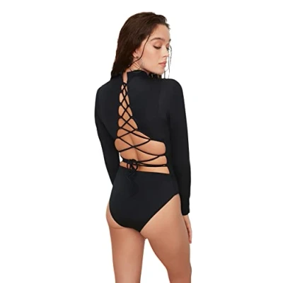 Afbeelding van Trendyol Badpak met lange mouwen voor dames, gedetailleerd surfen, thematisch badpak, eendelig, zwart, maat 36