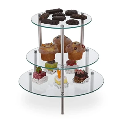 Afbeelding van Relaxdays taartplateau glas 3 delig rond high tea etagere cupcakes op voet