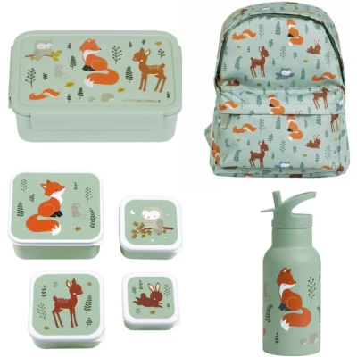 Afbeelding van A Little Lovely Company Back to school set Rugzak/Drinkfles RVS/4 Snackdozen/Bentobox Bosvriendj