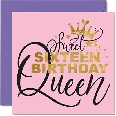 Afbeelding van 16e verjaardagskaarten voor meisjes haar Sweet 16 Sixteen Queen Happy Sixteenth Verjaardagskaart Meisje Dochter Kleindochter Nichtje Zus Vriend Neef, 145mm x Vrouwelijke Wenskaarten Gift