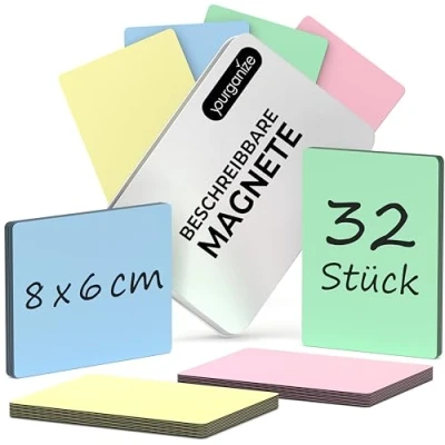 Afbeelding van YOURGANIZE® 32 beschrijfbare magneten, 8 x 6 cm (maat L), 4 kleuren, whiteboard herschrijfbare magneten voor koelkast, whiteboard, scrum &amp; kanban