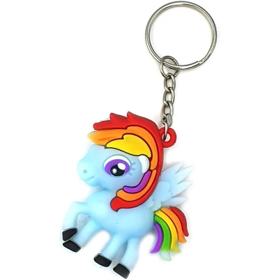 Afbeelding van Kinder sleutelhanger tashanger unicorn van siliconen blauw multicolor regenboog met keyring 5x5 cm