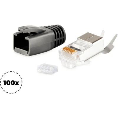 Afbeelding van RJ45 krimp connectoren (STP) voor CAT6/6a/7/7a netwerkkabel (vast/flexibel) 100 stuks (3 delig) / zwart