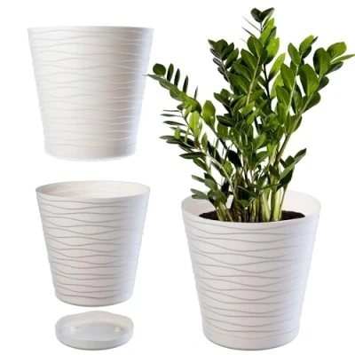 Afbeelding van KADAX bloempot met onderzetter, plantenpot voor binnen, lichte kunststof, ronde bloemen en planten, 21 cm, crème