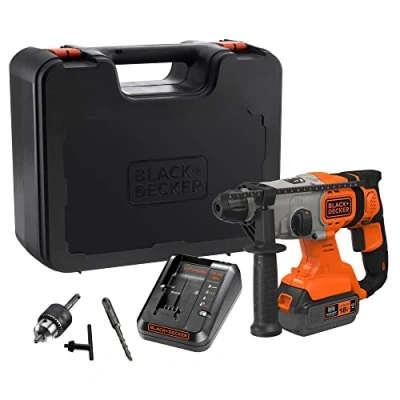Afbeelding van BLACK+DECKER Boorhamer 1,2J SDS + draadloos 18 V 4 Ah levering in koffer 1 accu Ah, oplader 2 A, zijgreep, boorhouder adapter en betonboor BCD900M1K QW