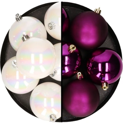 Afbeelding van Decoris kerstballen 12x st 8 cm parelmoer en paars kunststof Kerstbal