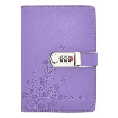 Afbeelding van LinYesh Lederen Wachtwoord Notebook Schrijven Dagboek Planner Organizer met Combinatieslot, Vlinder en Bloempatroon Draadbinding Dagelijks, A5 210x145mm