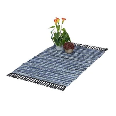 Afbeelding van Relaxdays vloerkleed leder en katoen binnenkleed 60 x 100 cm chill mat tapijt blauw