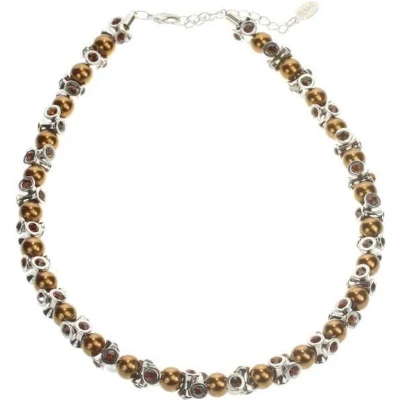 Afbeelding van Behave Klassieke korte ketting dames donker bruin met parels en steentjes
