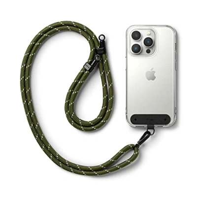 Afbeelding van Ringke Holder Link Strap met Zwarte Nylon Tag, Verstelbare Crossbody Polyester Touw Lanyard Compatibel Universele Smartphone Hoes Khaki &amp; White