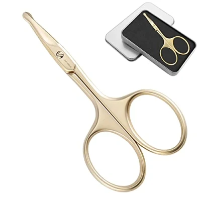 Afbeelding van JARVISTAR Neushaarschaar, oorschaar met roestvrij staal, afgeronde punt, scherpe gebogen ronde schaar voor veiligheid, baardschaar, 9,5 cm goud