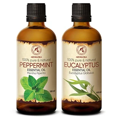 Afbeelding van Set etherische oliën, 2 x 100ml, pepermuntolie, eucalyptusolie, aromatherapie, cadeuaset, pure minoliën, voor diffusers en geurlampen, oliën zeepmaken, kaarsen