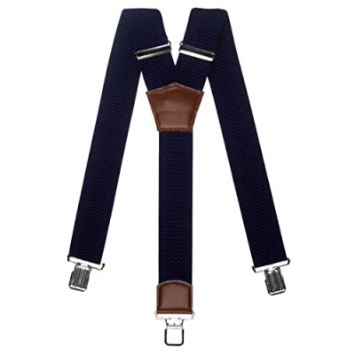 Afbeelding van Olata Extra Brede Y Vorm Bretels met Bruin Leer en Zilveren Clips 5 cm. Marineblauw