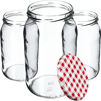 Afbeelding van KADAX Weckpotten, 900 ml, inmaakpot om in te doen, inmaakpotten voor schroefdeksel, inmaakpot, voorraadpot, conservenglas (48 stuks, rood geruit)