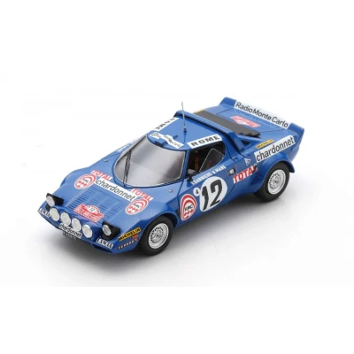 Afbeelding van De 1:43 Diecast Modelauto van Lancia Stratos HF #12 Monte Carlo Rally 1976. rijders waren B. Darniche en A. Mahe. fabrikant het schaalmodel is Spark. Dit model alleen online verkrijgbaar.