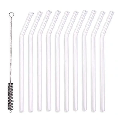 Afbeelding van Schramm® 20 stuks glazen rietjes, gebogen, transparant, met reinigingsborstel, herbruikbare rietjes