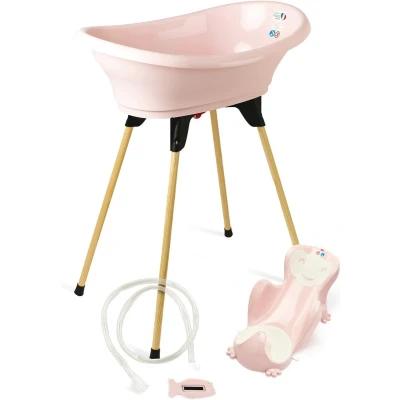 Afbeelding van ThermoBaby Roze 5 in 1 badset badkuip + badzitje antislip voet waterafvoer thermometer gemaakt Frankrijk