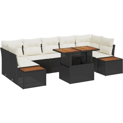 Afbeelding van vidaXL 8 delige Tuin Eettafel Set met Kussens Zwarte Poly Rattan Acacia