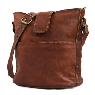 Afbeelding van LEABAGS Nicola Dameshandtas van echt leer in Vintage look, schoudertas, leren tas, 23 x 6 24 cm, bruin, cognac, Medium, Boheems, gedeconstrueerd, minimalistisch, retro, utility,