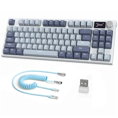 Afbeelding van RK86 Pro 75% Draadloos Mechanisch Toetsenbord, 2.4G/BT5.0/USB C Bedraad Tri mode Gamingtoetsenbord, TKL 87 Key QWERTY, 1,2&#039;&#039; TFT HD Kleurenscherm en Knob, RGB Backlit Hot Swap Linear Switch Blauw