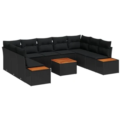 Afbeelding van vidaXL 10 delige tuinzetelset met kussen in zwart poly rattan en acacia