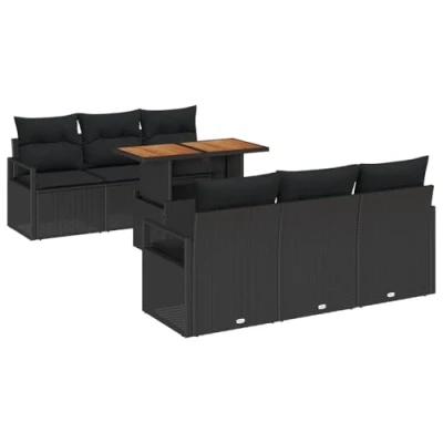Afbeelding van vidaXL 7 Delige Tuin Sofa Set met Kussens Zwart Poly Rieten Acacia