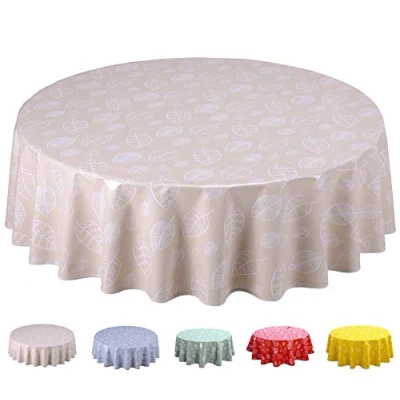Afbeelding van Wasdoek tafelkleed, afwasbaar, rond, 140 cm, bladeren, beige