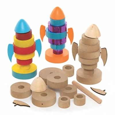 Afbeelding van Baker Ross FC163 houten stapelbare raketten pak van 2, knutsel activiteiten voor kinderen om te maken, versieren en tentoon stellen, een perfect cadeau creatieve