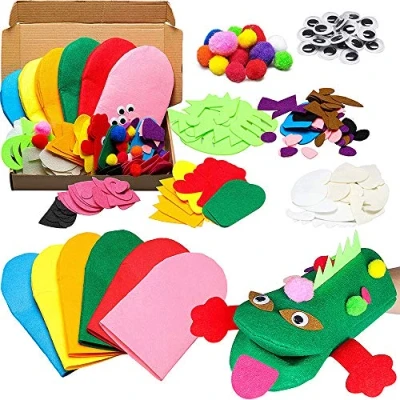 Afbeelding van 6 stuks dierenhandpoppen maken, vilten handpop show, pijpreinigers kleurrijke pompons, googly ogen, doe het zelf decoraties, geschikt voor kunst handwerk feestartikelen