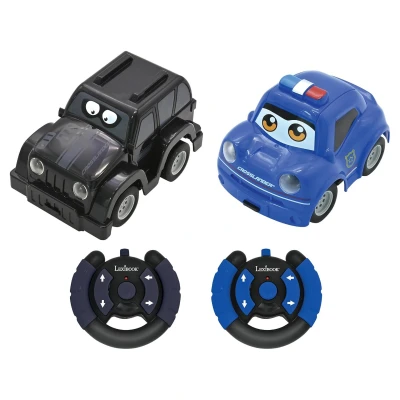 Afbeelding van Lexibook, Crosslander® Twin, Set van 2 radiografisch bestuurbare auto&#039;s (Politieauto, Dievenauto), tot 12 km/u, geluids en lichteffecten, afstandsbedieningen, Zwart/blauw, RC12