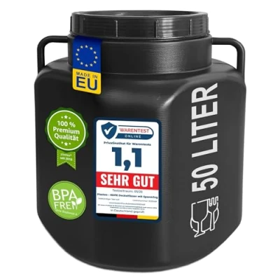 Afbeelding van plasteo® 50 liter brede hals met deksel en handgrepen, rechthoekig, zwart, geschikt voor levensmiddelen BPA vrij, kunststof vat, universeel dekselvat, watervat, regenton, opslagvat