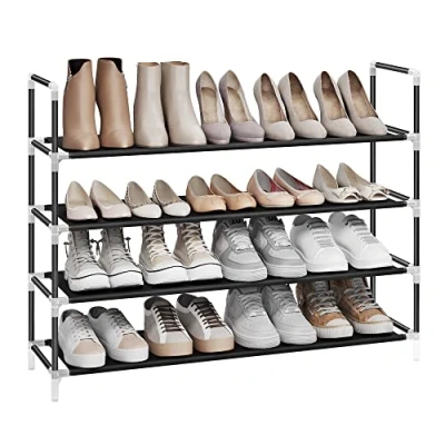 Afbeelding van SONGMICS Schoenenrek met 4 niveaus, schoenenopslag voor gangkast, slank en ruimtebesparend, metalen frame, niet geweven stoffen planken, zwart LSH054B01