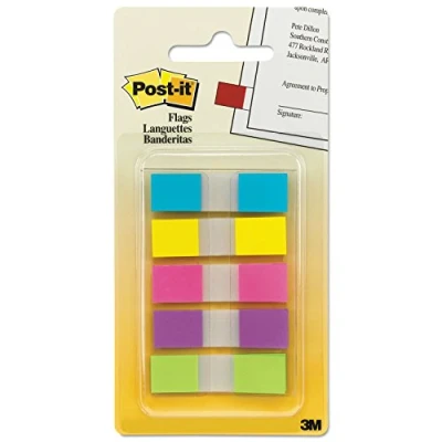 Afbeelding van Post it plakstrips Index Mini 6835CBEU gekleurde notities in 11,9 x 43,1 mm 5 blokken à 20 vellen kleuren een praktische etui, blauw, geel, roze, paars en groen
