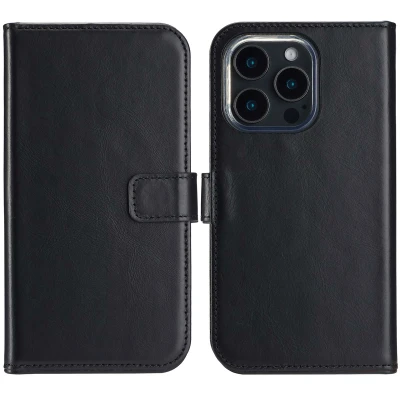 Afbeelding van Apple iPhone 16 Pro Max Hoesje Echt leder Selencia Bookcase Zwart Telefoonhoesje