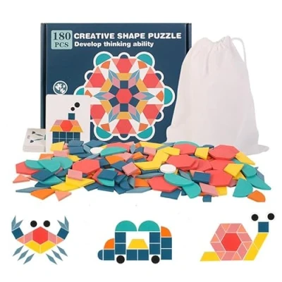 Afbeelding van EACHHAHA Tangram houten puzzel met geometrische vormen, kinderpuzzel blokken, een vroege Montessori 180 vormen en 24 designkaarten
