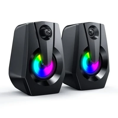 Afbeelding van Smalody computerluidsprekers, mini desktopluidsprekers voor pc met kleurrijke LED verlichting, stereo 2.0 USB aangedreven 10W luidsprekers Draagbare 3,5 mm gaming telefoons Tablets