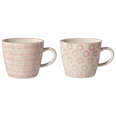Afbeelding van Bloomingville Mokken met handvat Isabella Retro koffiekop theekop vintage dikwandige ø 9,5 x H 8 cm, roze, keramiek, set van 2, inhoud ca. 280 ml