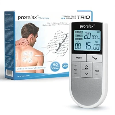 Afbeelding van prorelax TENS/EMS Trio Elektrisch stimulatieapparaat op batterijen 3 therapieën TENS, EMS, FITNESS Voor ontspanning, spieropbouw, verlichting van pijn 50 programma&#039;s 16 intensiteitsniveaus