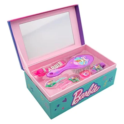 Afbeelding van Joy Toy Barbie juwelendoos met accessoires: borstel, 2 haarspelden, ring, armband, haarband 18x11,5x7 cm