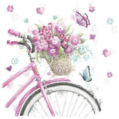 Afbeelding van 20 servetten fiets met bloemenmand als tafeldecoratie voor de lente en zomer 33x33cm