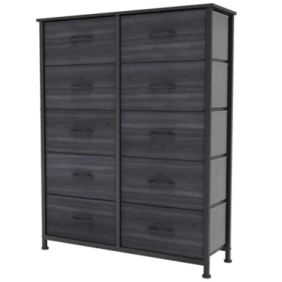 Afbeelding van YITAHOME ladekast met 10 laden, stoffen gemakkelijk trekhandvat, stevig stalen frame, opbergladen voor slaapkamer, kinderkamer, kast, kleding, houtskoolzwarte houtnerf